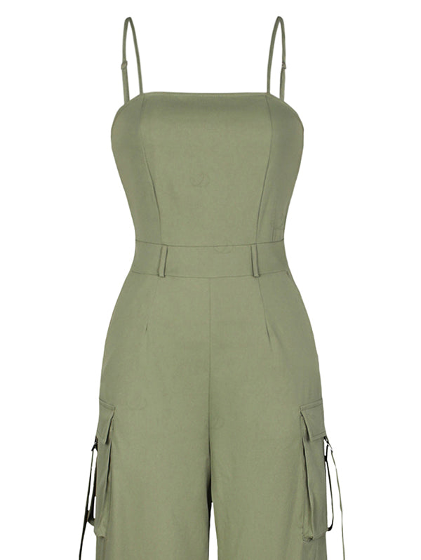 Solid Color Multi-pockets Spaghetti Strap Casual Cargo Jumpsuit