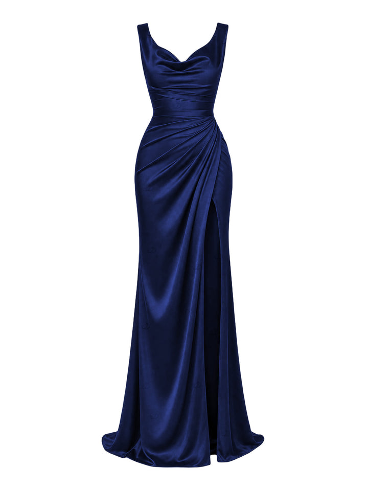 Solid Color Ruched High Slit Bodycon Satin Party Dress