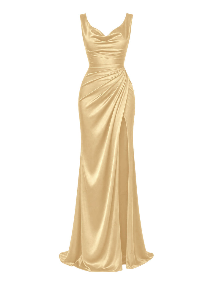 Solid Color Ruched High Slit Bodycon Satin Party Dress