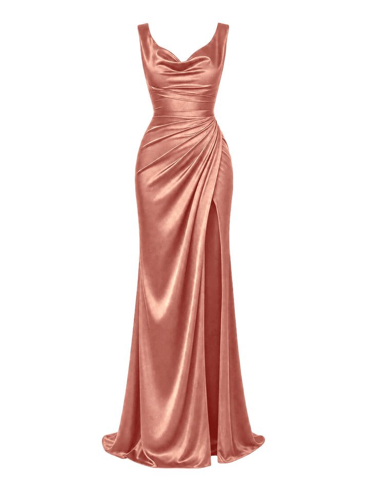 Solid Color Ruched High Slit Bodycon Satin Party Dress