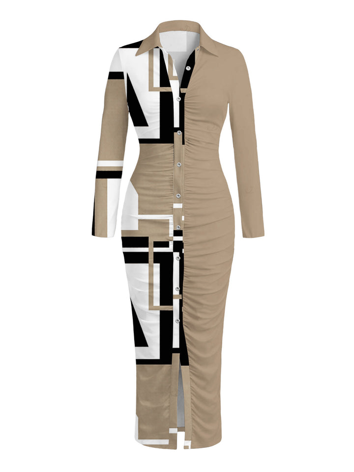 Colorblock Geometric Print Ruched Turn Down Collar Button Up Bodycon Shirt Dress
