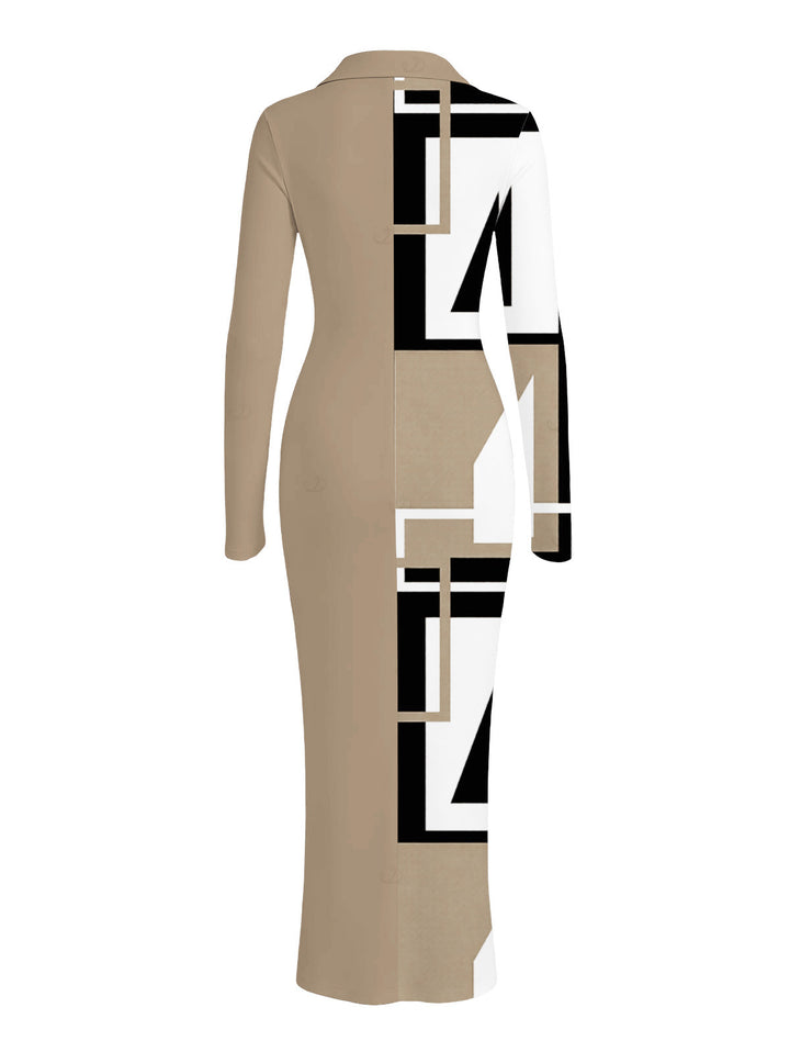 Colorblock Geometric Print Ruched Turn Down Collar Button Up Bodycon Shirt Dress