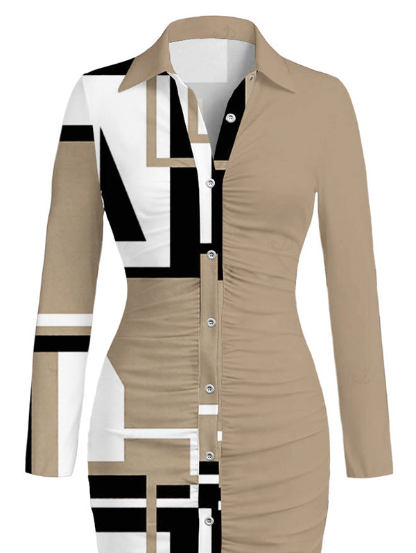Colorblock Geometric Print Ruched Turn Down Collar Button Up Bodycon Shirt Dress