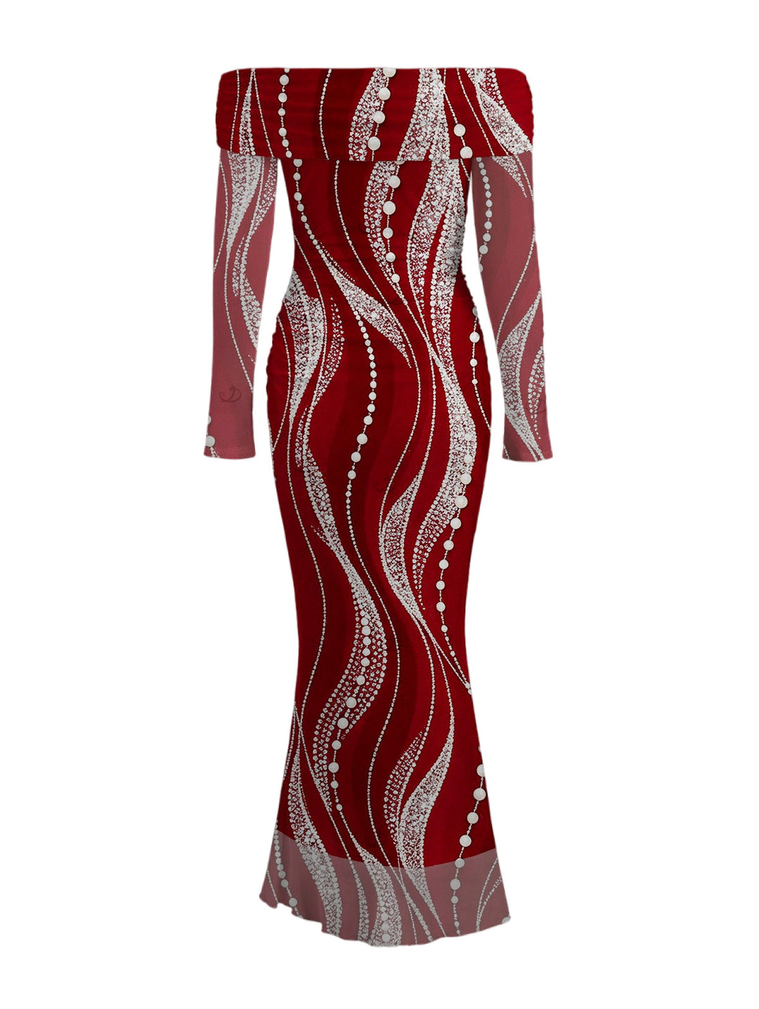 Pearl Rhinestone Wave Print Off the Shoulder Mesh Panel Long Sleeve Bodycon Burgundy Party Dress