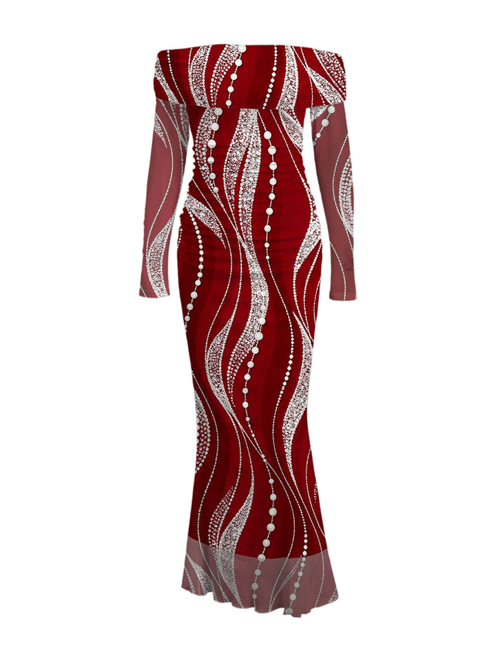 Pearl Rhinestone Wave Print Off the Shoulder Mesh Panel Long Sleeve Bodycon Burgundy Party Dress