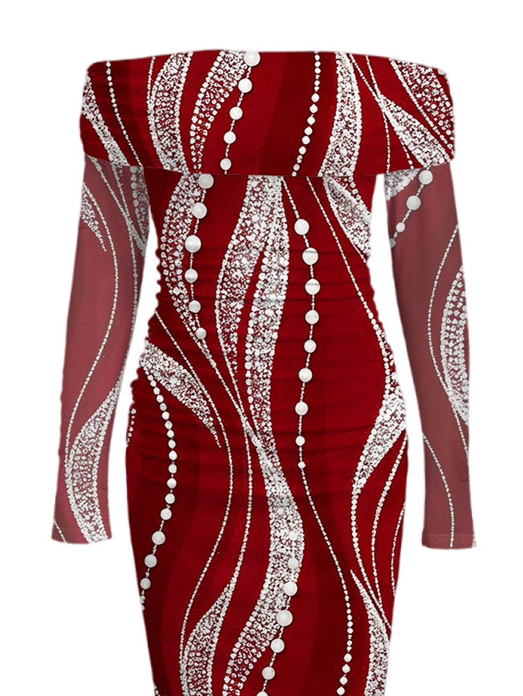Pearl Rhinestone Wave Print Off the Shoulder Mesh Panel Long Sleeve Bodycon Burgundy Party Dress