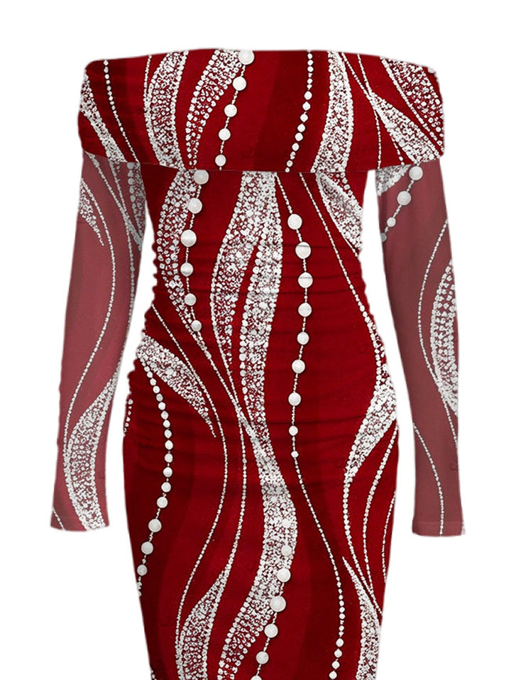 Pearl Rhinestone Wave Print Off the Shoulder Mesh Panel Long Sleeve Bodycon Burgundy Party Dress