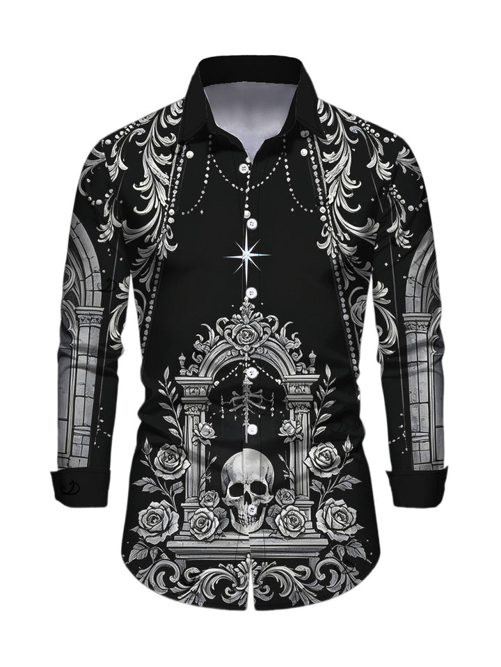 Men's Skull Rose Church Cathedral Pattern Button Up Long Sleeve Gothic Shirt