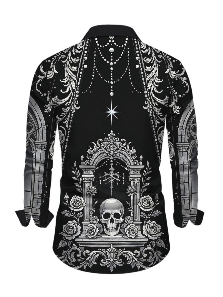Men's Skull Rose Church Cathedral Pattern Button Up Long Sleeve Gothic Shirt