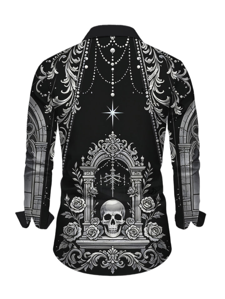 Men's Skull Rose Church Cathedral Pattern Button Up Long Sleeve Gothic Shirt