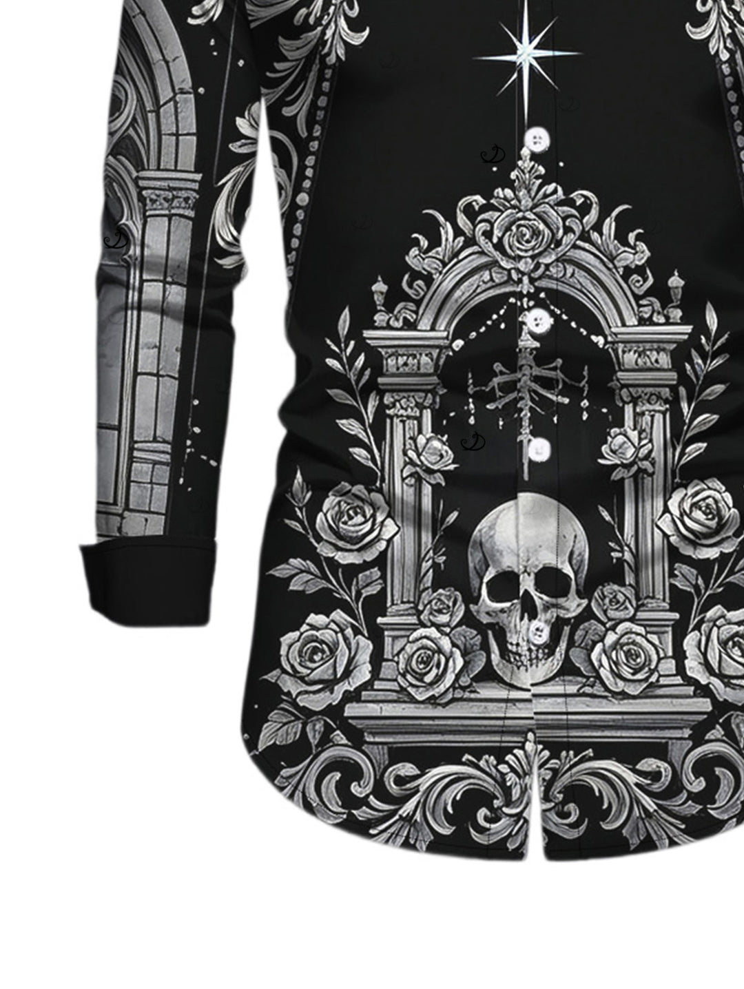 Men's Skull Rose Church Cathedral Pattern Button Up Long Sleeve Gothic Shirt