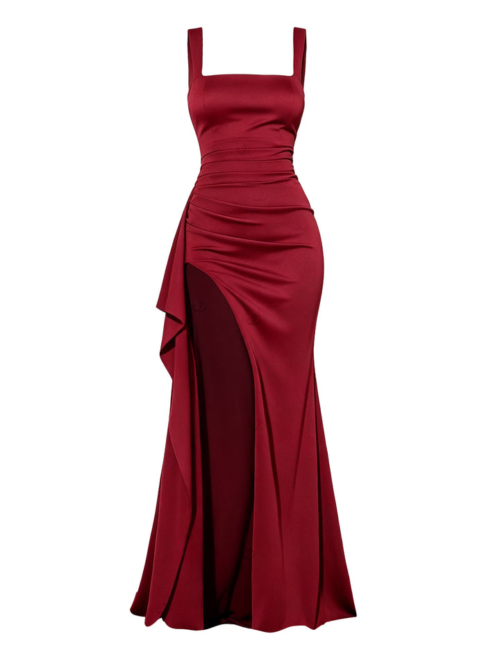 Solid Color High Slit Square Neck Maxi Elegant Party Dress