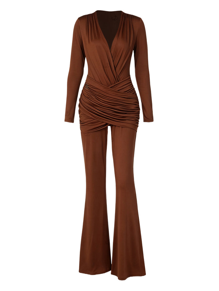 Solid Color Plunging Neck Ruched Crossover Long Sleeve Jumpsuit