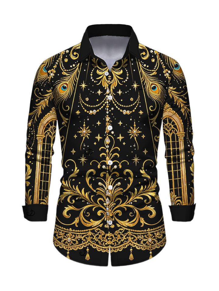Men's Black Gold Baroque Palace Peacock Feather Star Print Button Up Long Sleeve Vintage Shirt