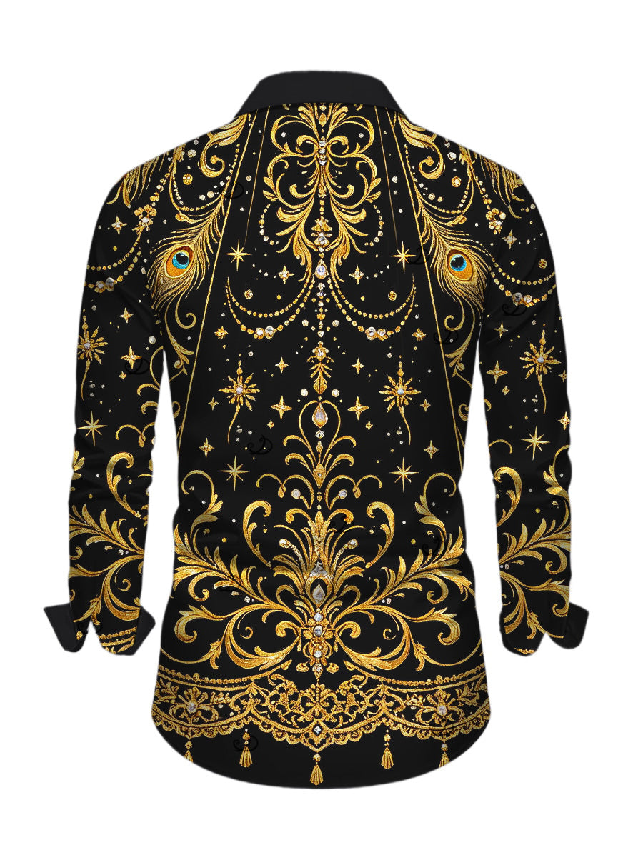 Men's Black Gold Baroque Palace Peacock Feather Star Print Button Up Long Sleeve Vintage Shirt