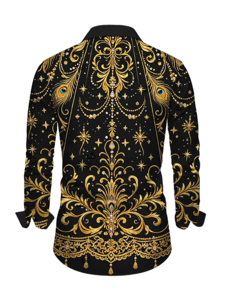 Men's Black Gold Baroque Palace Peacock Feather Star Print Button Up Long Sleeve Vintage Shirt
