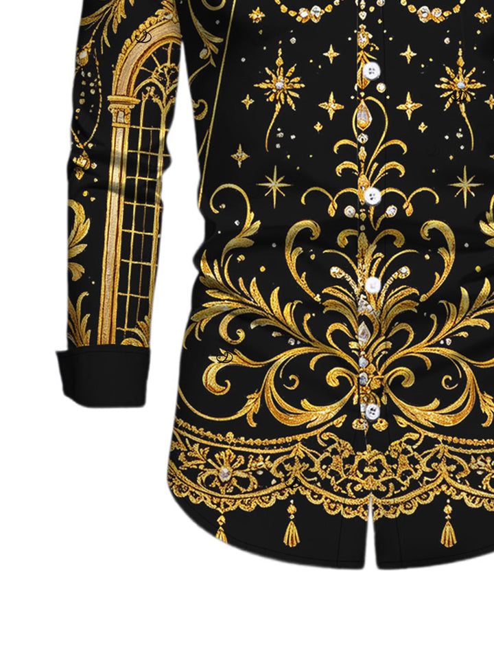 Men's Black Gold Baroque Palace Peacock Feather Star Print Button Up Long Sleeve Vintage Shirt