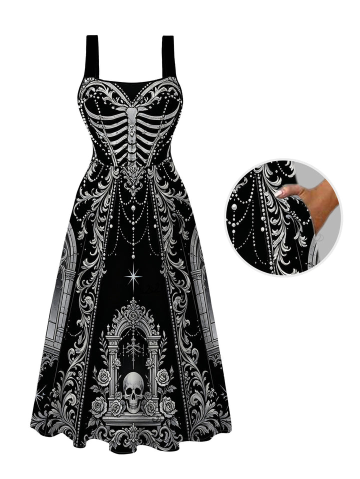 Skeleton Skull Rose Church Cathedral Pattern Pocket Square Neck A Line Gothic Dress