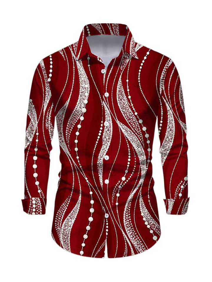 Men's Pearl Rhinestone Wave Print Button Up Long Sleeve Shirt
