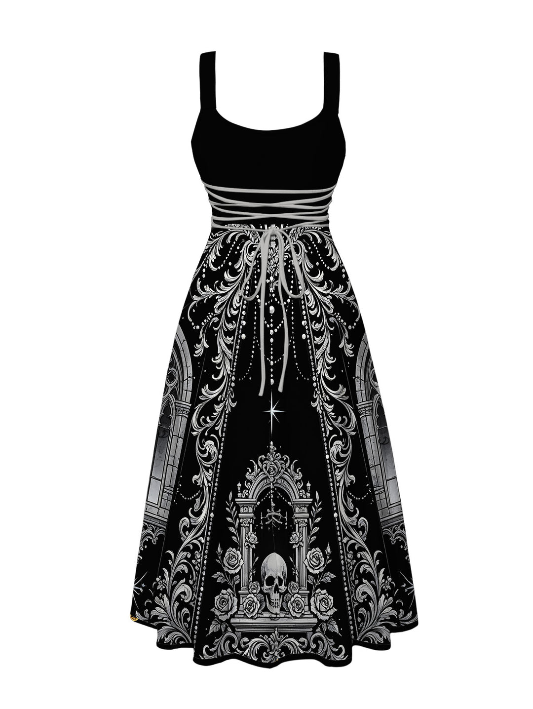 Skeleton Skull Rose Church Cathedral Pattern Pocket Square Neck A Line Gothic Dress