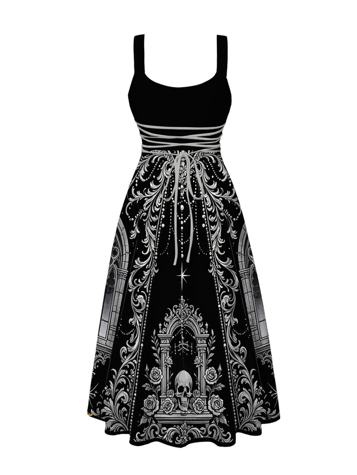 Skeleton Skull Rose Church Cathedral Pattern Pocket Square Neck A Line Gothic Dress
