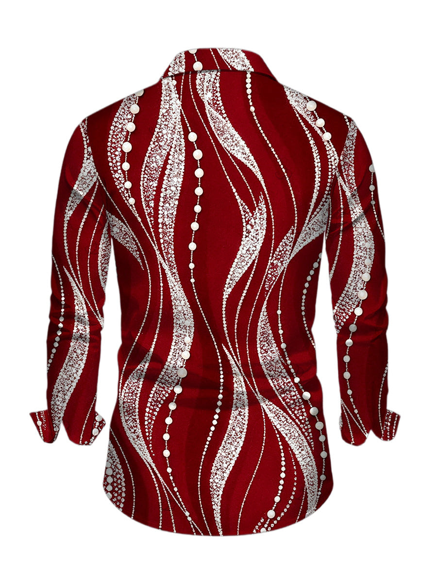 Men's Pearl Rhinestone Wave Print Button Up Long Sleeve Shirt
