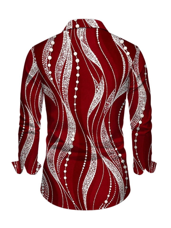 Men's Pearl Rhinestone Wave Print Button Up Long Sleeve Shirt