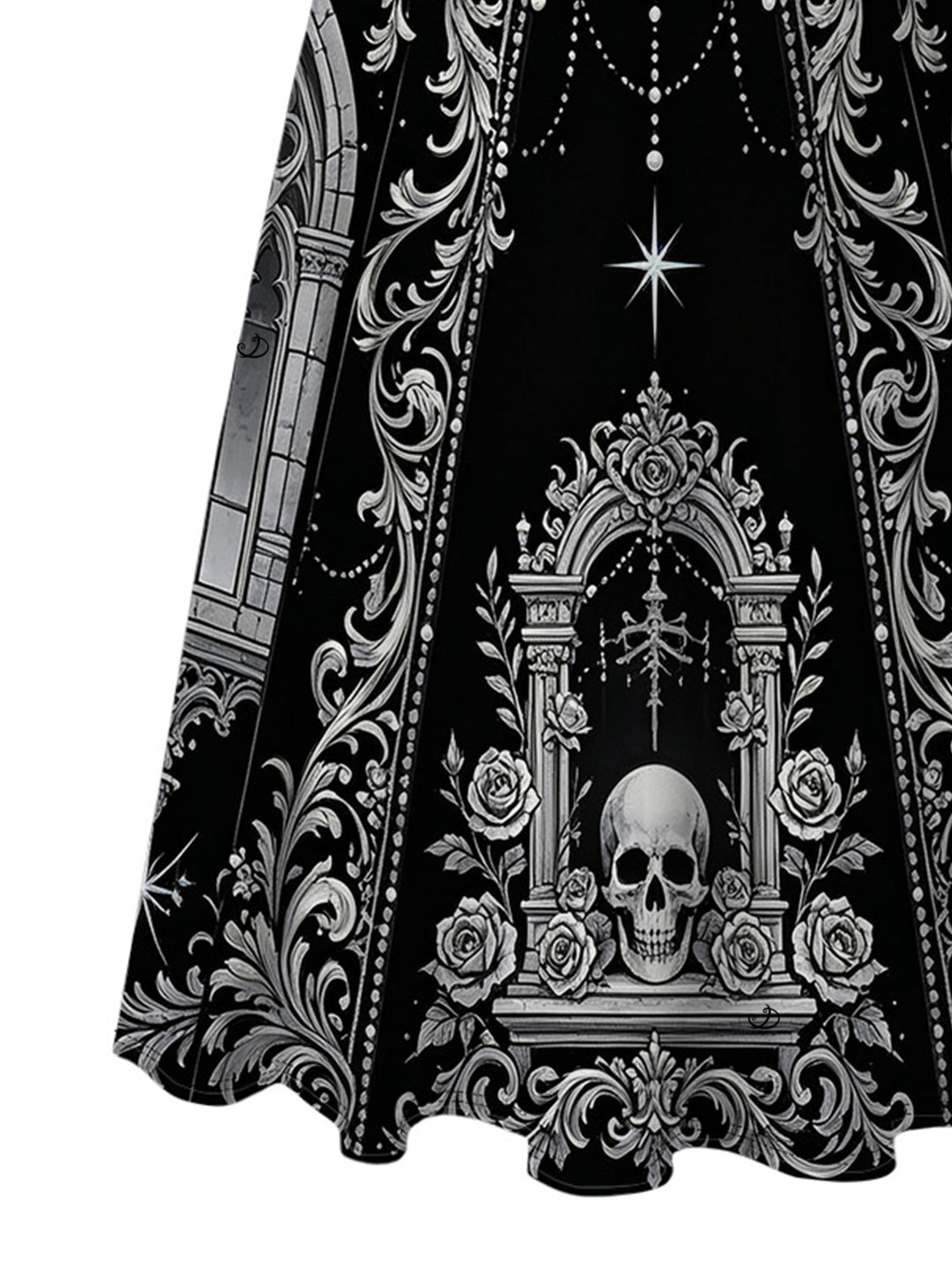 Skeleton Skull Rose Church Cathedral Pattern Pocket Square Neck A Line Gothic Dress
