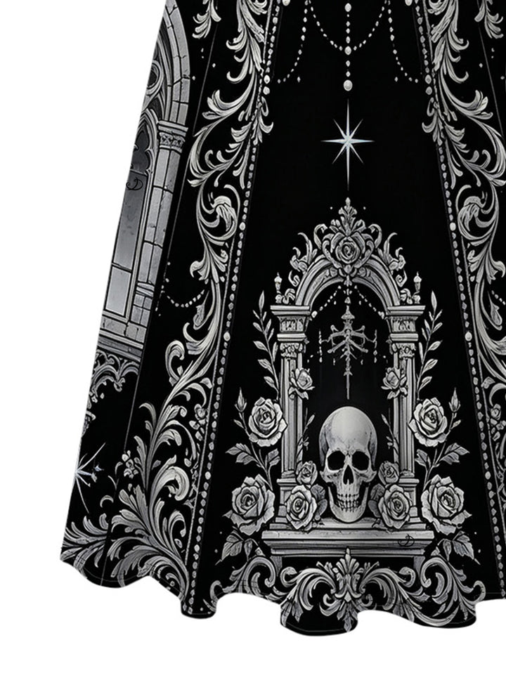 Skeleton Skull Rose Church Cathedral Pattern Pocket Square Neck A Line Gothic Dress