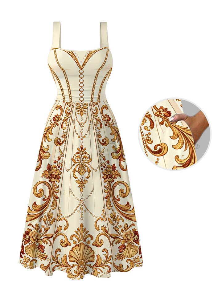 Baroque Palace Print Pocket Square Neck A Line Vacation Vintage Dress