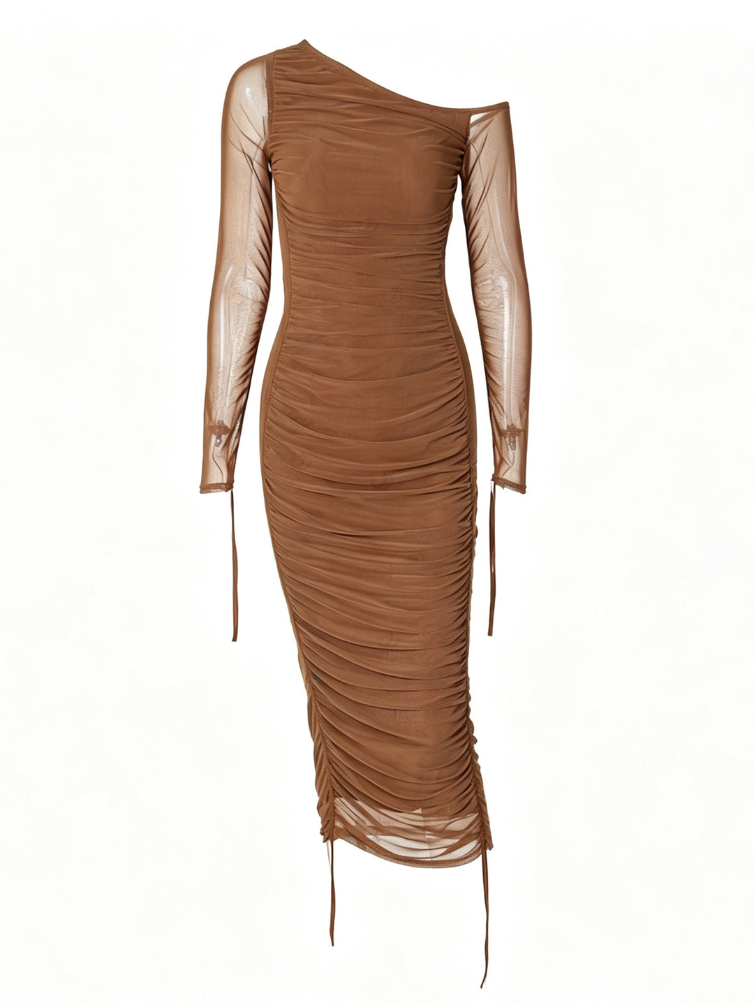 See Thru Mesh Panel Sleeve Skew Neck Cinched Ruched Bodycon Dress