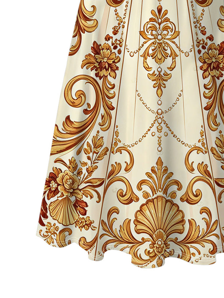 Baroque Palace Print Pocket Square Neck A Line Vacation Vintage Dress