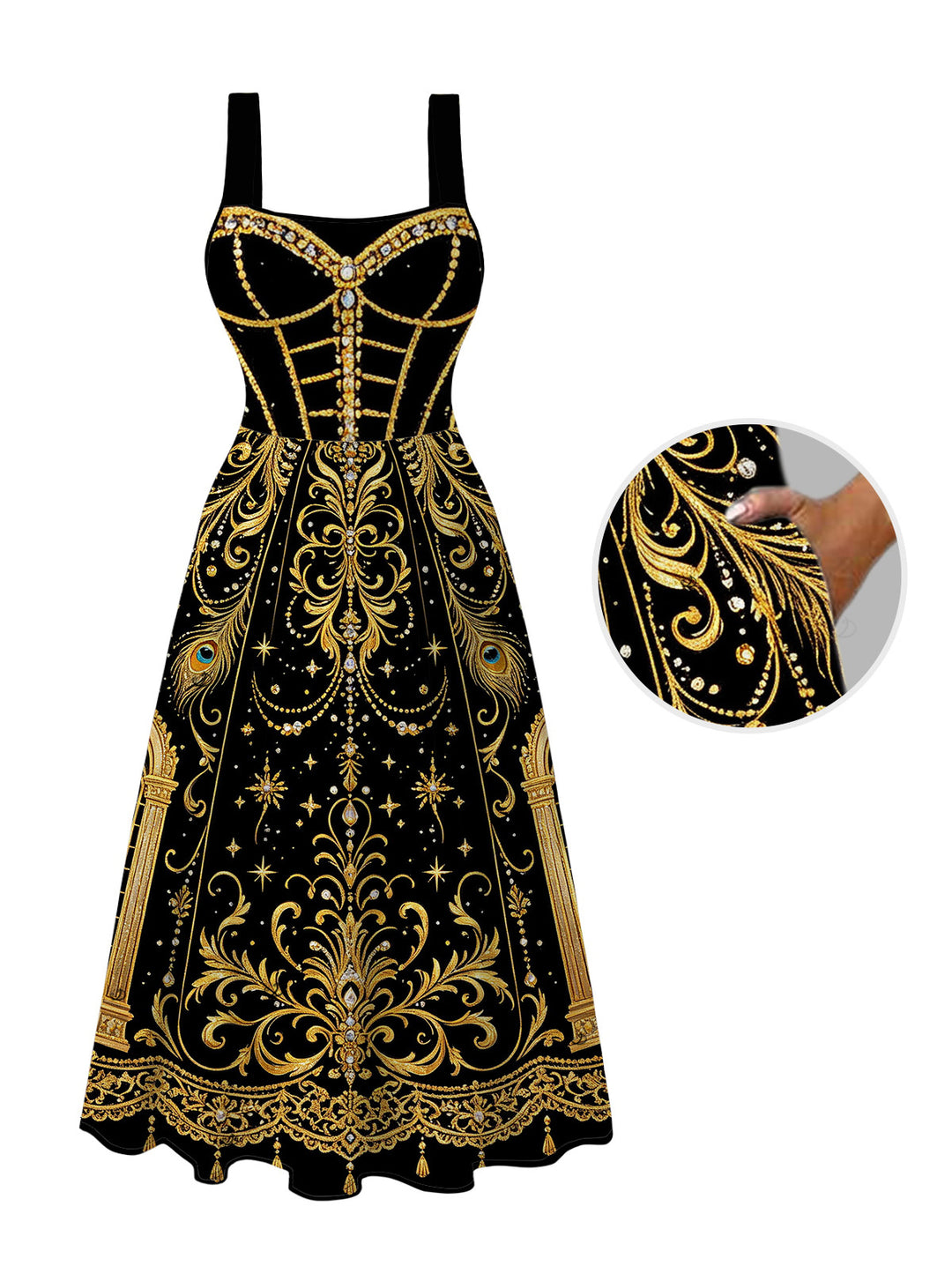 Black Gold Baroque Palace Peacock Feather Star Print Pocket Square Neck A Line Vintage Party Dress