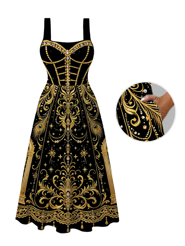 Black Gold Baroque Palace Peacock Feather Star Print Pocket Square Neck A Line Vintage Party Dress