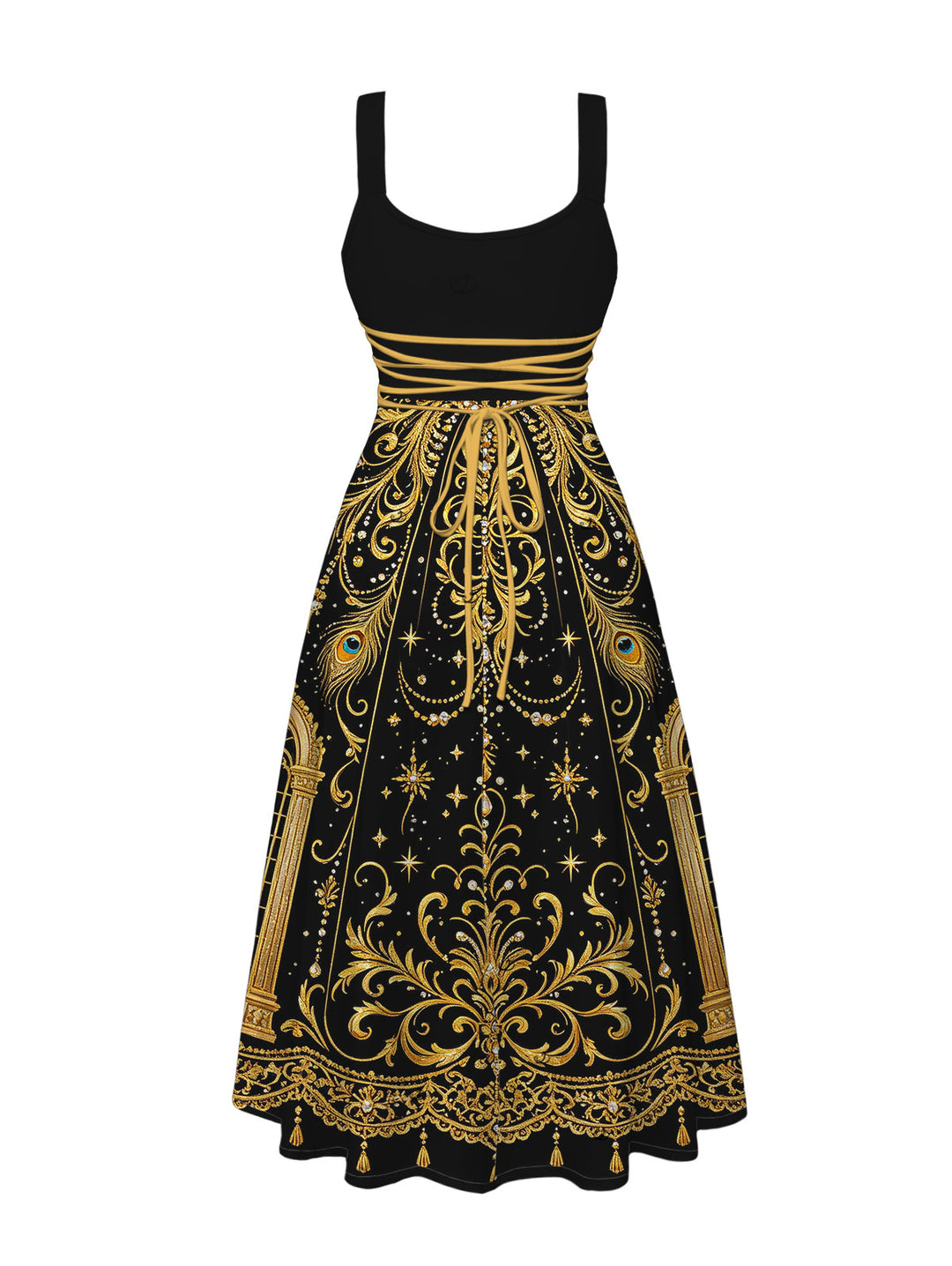 Black Gold Baroque Palace Peacock Feather Star Print Pocket Square Neck A Line Vintage Party Dress