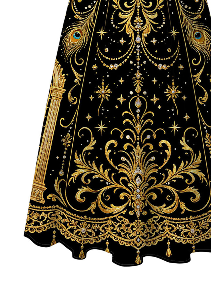 Black Gold Baroque Palace Peacock Feather Star Print Pocket Square Neck A Line Vintage Party Dress