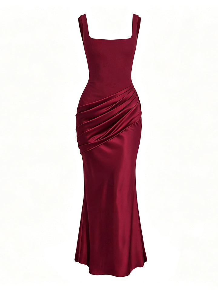 Solid Color Square Neck Satin Panel Bodycon Maxi Elegant Party Dress