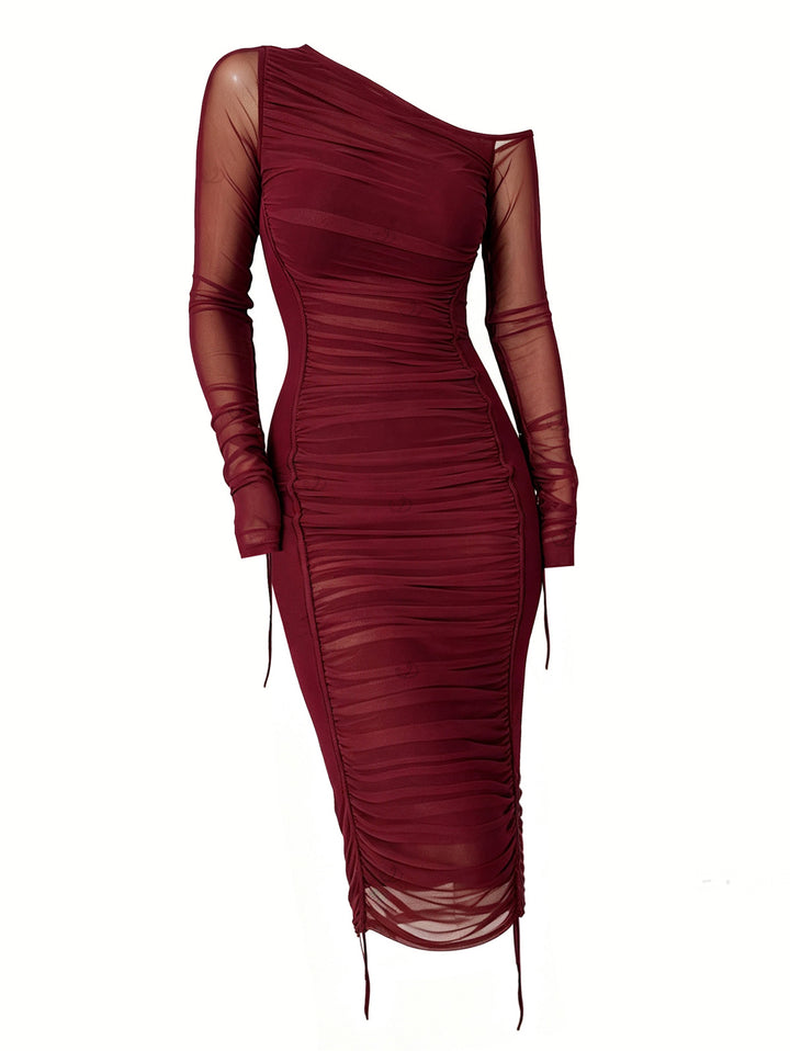 See Thru Mesh Panel Sleeve Skew Neck Cinched Ruched Bodycon Dress