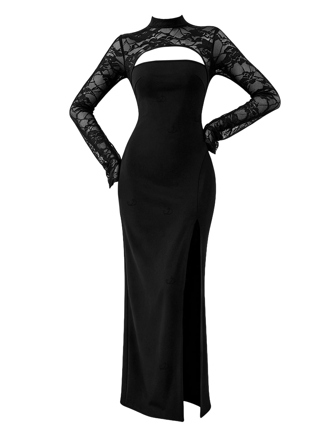 Floral Lace Panel Cut Out Long Sleeve Slim Slit Bodycon Party Dress