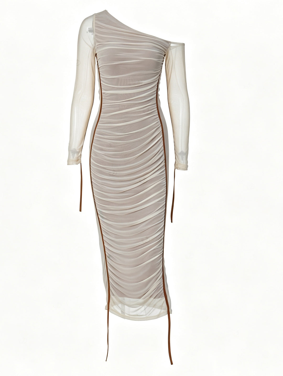 See Thru Mesh Panel Sleeve Skew Neck Cinched Ruched Bodycon Dress