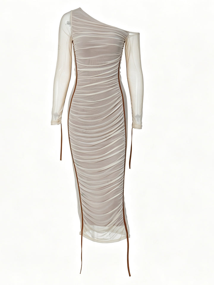 See Thru Mesh Panel Sleeve Skew Neck Cinched Ruched Bodycon Dress