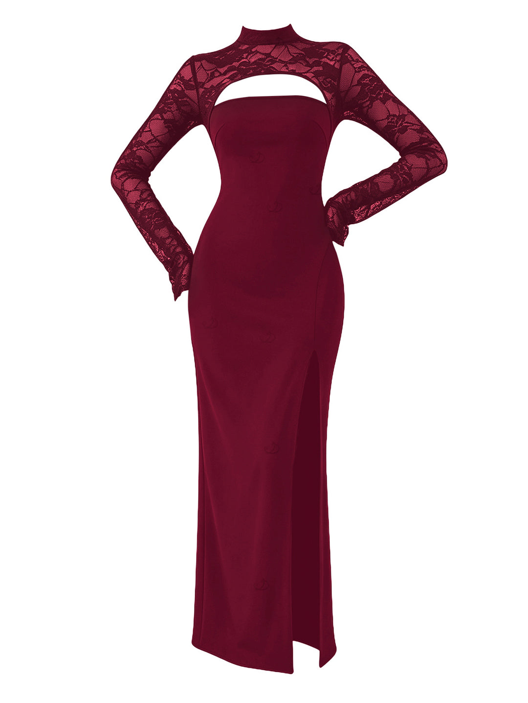 Floral Lace Panel Cut Out Long Sleeve Slim Slit Bodycon Party Dress