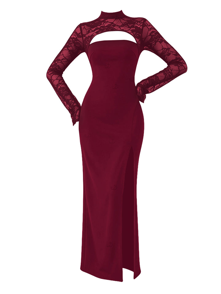 Floral Lace Panel Cut Out Long Sleeve Slim Slit Bodycon Party Dress