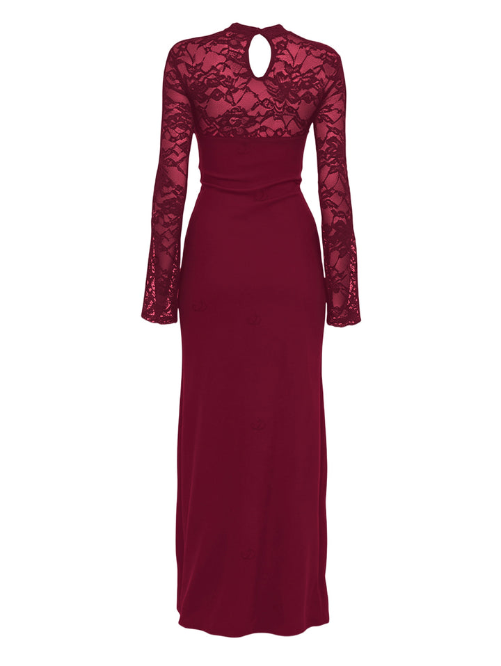 Floral Lace Panel Cut Out Long Sleeve Slim Slit Bodycon Party Dress
