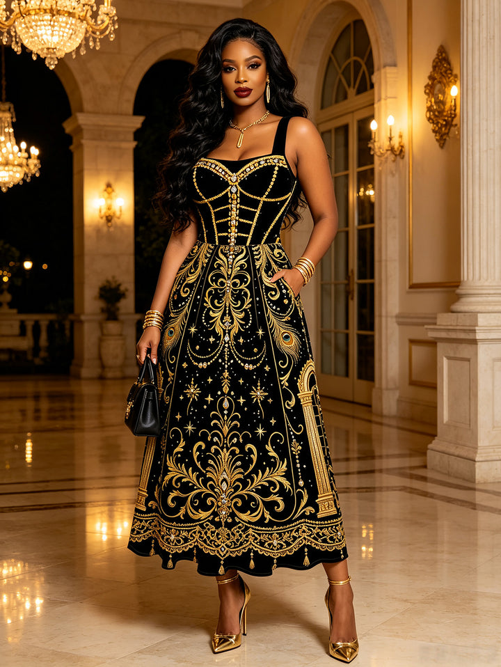 Black Gold Baroque Palace Peacock Feather Star Print Pocket Square Neck A Line Vintage Party Dress