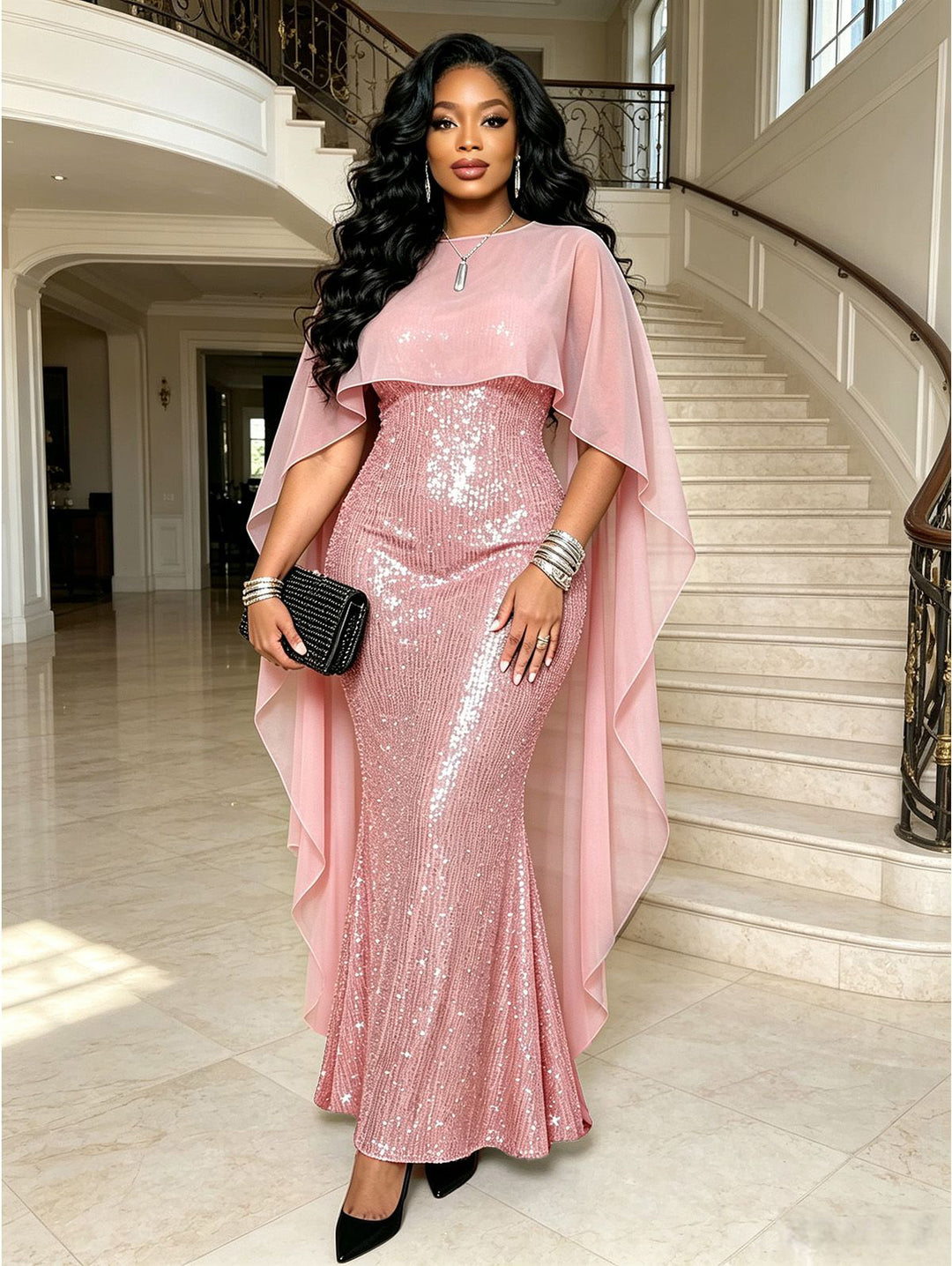 Shinny Shawl Sleeveless Evening Slim Long Party Dress