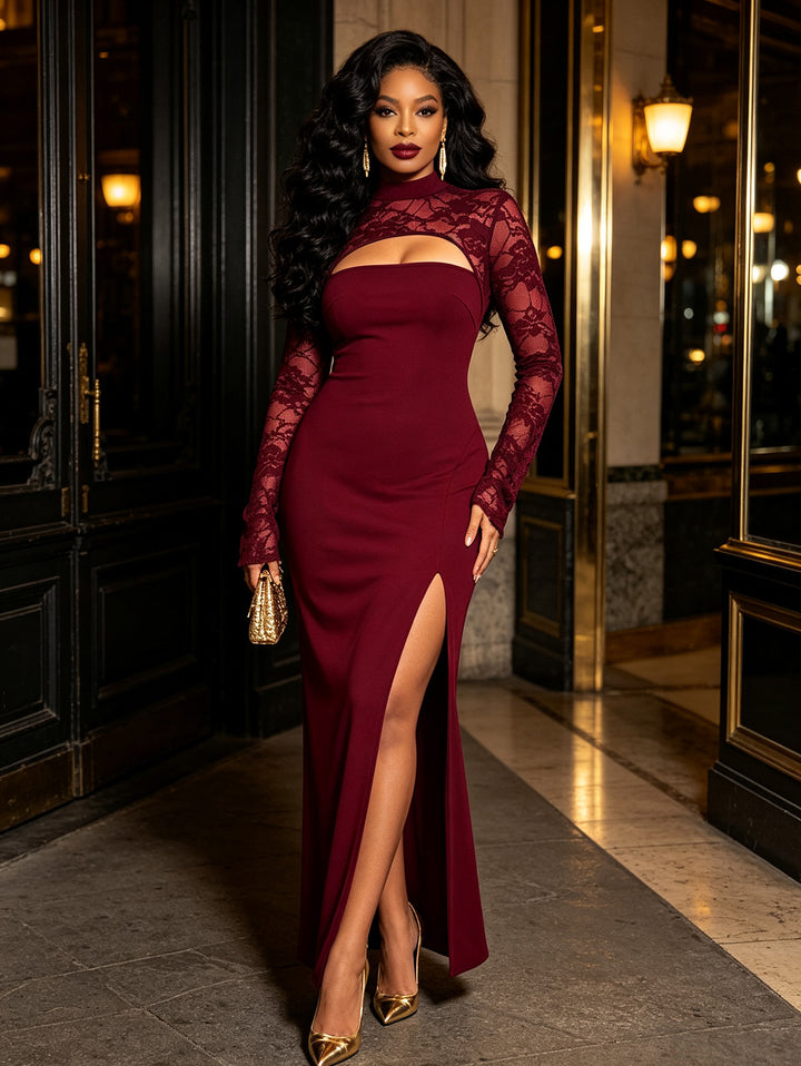 Floral Lace Panel Cut Out Long Sleeve Slim Slit Bodycon Party Dress