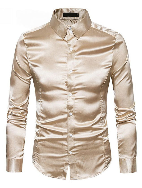 Men's Shiny Solid Color Long Sleeve Button Up Party Shirt
