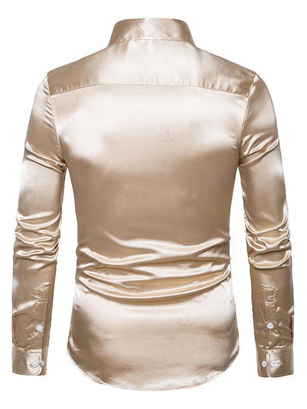 Men's Shiny Solid Color Long Sleeve Button Up Party Shirt