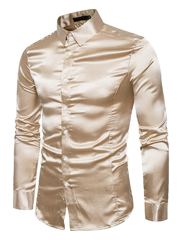 Men's Shiny Solid Color Long Sleeve Button Up Party Shirt